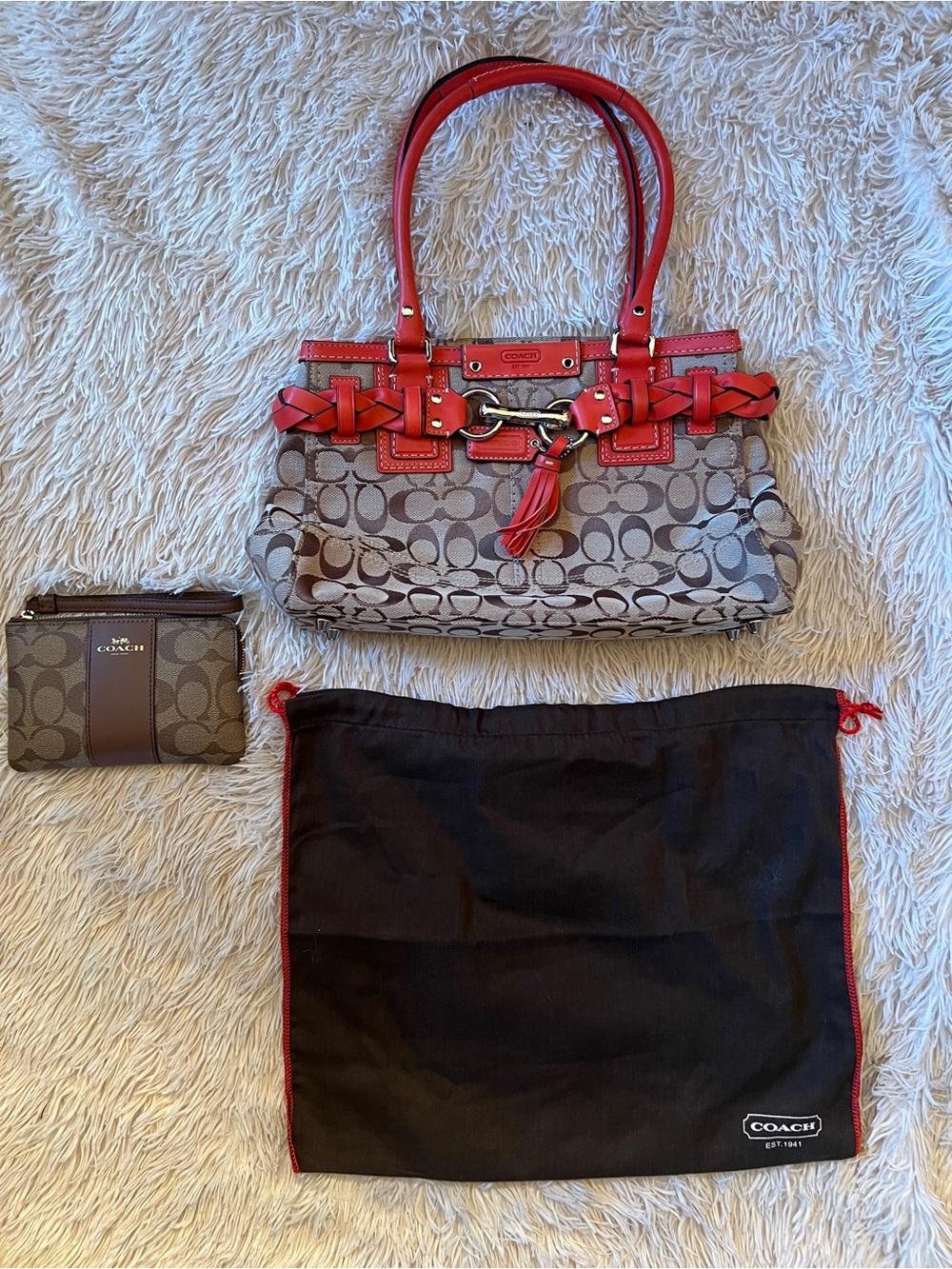 Coach Brown Signature Canvas Shoulder Bag with Leather Trim